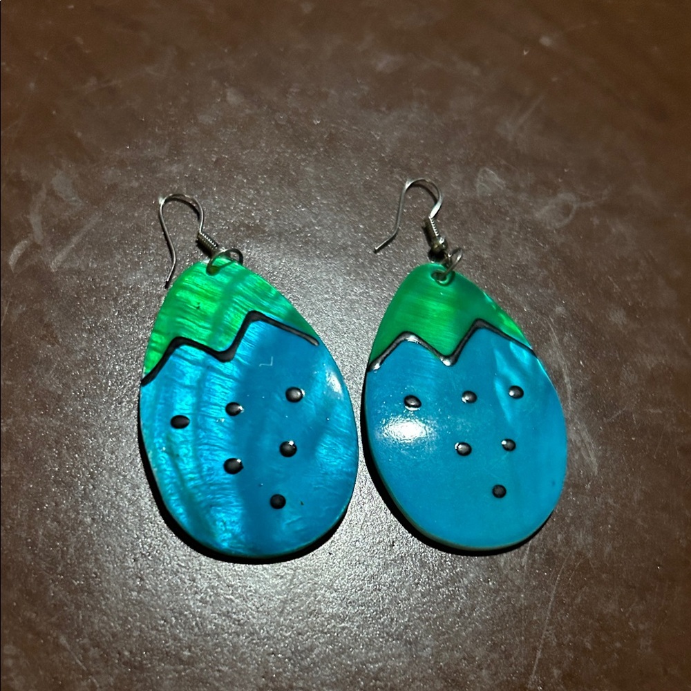 Blue and Green Teardrop Shell Pierced Earrings!